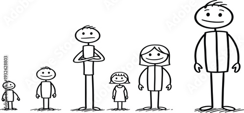 A family of six stick figures of varying heights