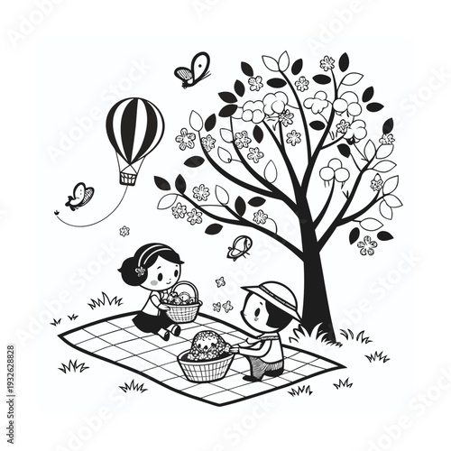 Vector illustration of two children on picnic under tree with hot air balloon