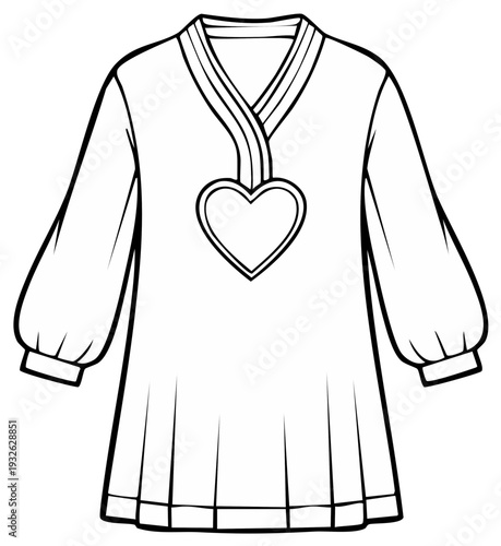 Outline of a V-neck tunic dress with heart-shaped embellishment.