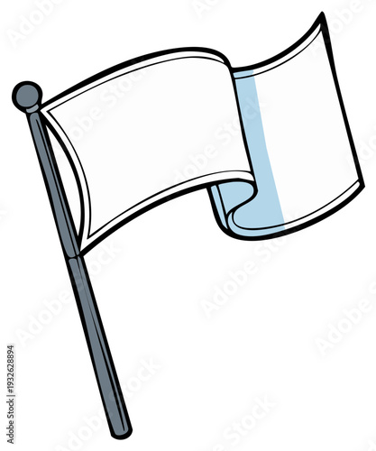 Waving blank white flag, illustration of surrender or truce symbol on pole. Cartoon flat design element for presentations or graphic resources.