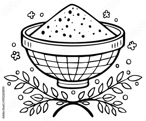 Stylized Outline Drawing of a Bowl of Granulated Spice with Botanical Flourishes