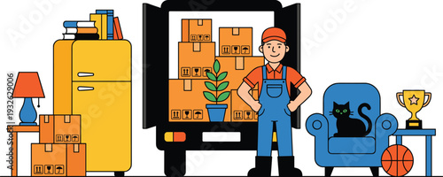 Professional moving service illustration showing delivery worker unloading packed boxes and household furniture from truck representing relocation and logistics conceptProfessional