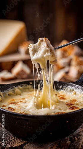 Wallpaper Mural Closeup of rustic swiss cheese fondue in cast iron pan as hand dips crusty baguette cube, melted strings stretching against warm wooden kitchen background, concept of cozy alpine comfort food Torontodigital.ca