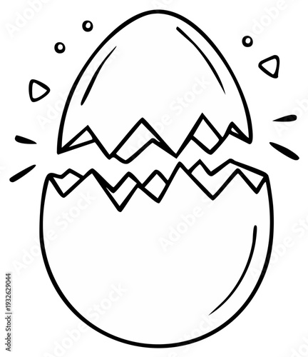 Cracked eggshell illustration: black and white drawing of a broken egg, revealing jagged edges and scattering fragments with hatched details.