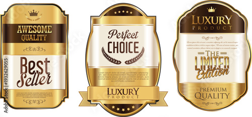 Three gold luxury product labels and badges