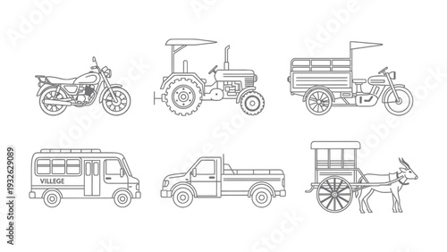 Variety of Vehicles: An illustration of a diverse assortment of transport vehicles including a motorcycle, tractor, truck, bus, pickup truck, and horse carriage in monochrome color.