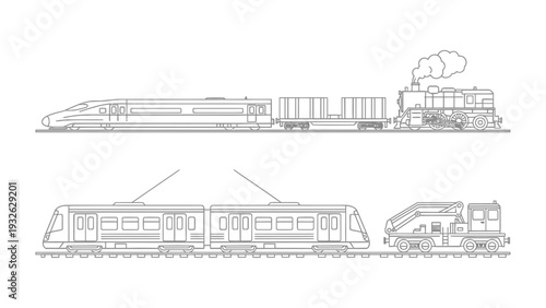 Diverse Rail Transit: An illustrated collection of various train types, showcasing the evolution and diversity of rail transport technology, and illustrating various transit modes.