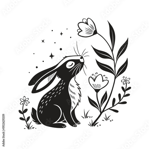 Vector illustration of a rabbit smelling a flower
