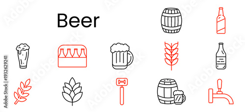 Beer set icon. Glass, pack, mug, barley, bottle, hops, opener, barrel, tap, brewery, alcohol, beverage, pub, craft, foam, drink