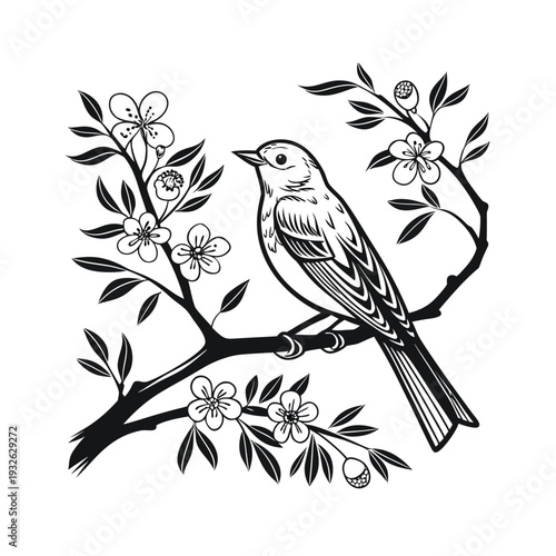 Vector illustration of a bird on a flowering branch