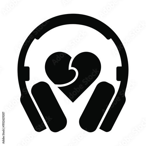 Headphones and heart silhouette icon for music lovers and audio enthusiasts symbolising passion for sound entertainment and podcasting creative monochrome graphic design template