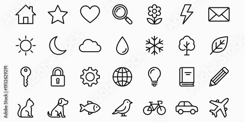 A collection of 25 simple line icons representing various objects and symbols
