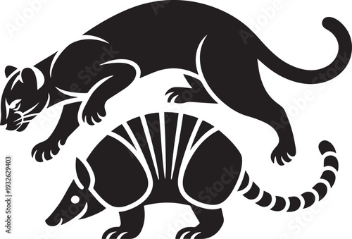 Stylized black silhouette of a panther and armadillo isolated on checkered background