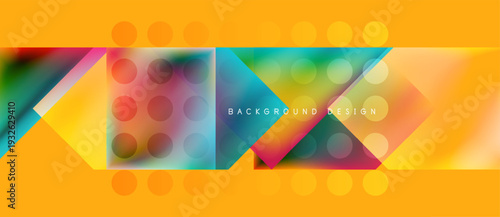 Abstract geometric composition. Vibrant colors, shapes overlap creating dynamic visual effect. Modern design elements present.