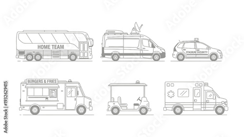 Vehicular Variety: A collection of various vehicles, including a bus, van, taxi, food truck, golf cart, and ambulance, each illustrated with a simple yet detailed line art style.