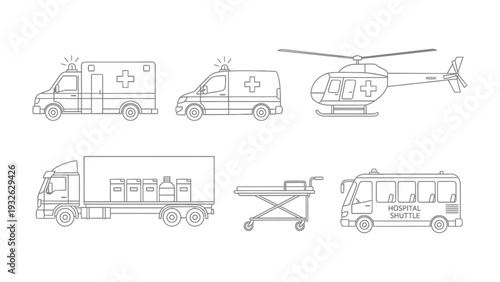 Medical Transport Collection: A meticulously curated illustration showcasing a collection of essential medical transport vehicles.