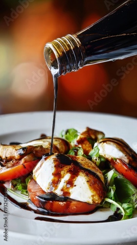 Wallpaper Mural Thick balsamic vinegar pours from glass bottle over fresh italian caprese salad with mozzarella, ripe tomatoes and green leaves on white plate against warm bokeh background, gourmet cuisine concept Torontodigital.ca