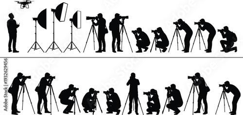 Professional photographer silhouette icon collection showing camera operators, studio lighting setup, drone filming and photo shoot production activities