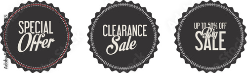 Three black sale stickers on a white background