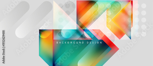 Abstract geometric shapes, vibrant colors, modern design. Gradient layers create dynamic composition, suitable for backgrounds.