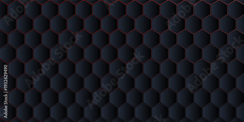 Dark wide hexagon abstract technology futuristic background with red bright energy flashes. Dark honeycomb texture grid. Vector illustration