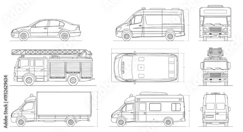Passenger and Utility Vehicles Technical Vector Set – Van, Fire Truck, and Multi-View Orthographic Drawings