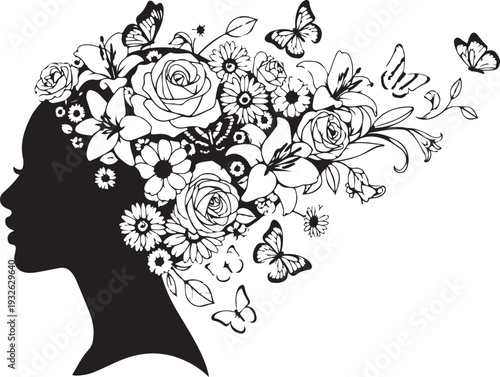 Ethereal Silhouette: Woman with Floral Garden Hair and Butterflies