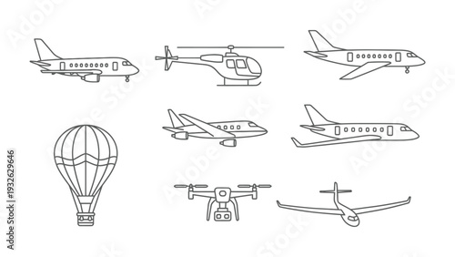 Aviation and Air Transport: A collection of various air transport illustrations. Includes planes, helicopters, hot air balloon, drone, and glider