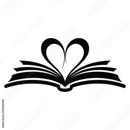 Open book with heart shaped pages silhouette vector icon isolated on white background for library bookstore education literature passion reading lovers concept design or logo mark