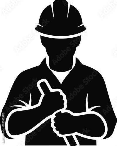 Labor worker giving a thumbs up in hard hat symbol of quality work and labor