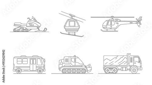 Transport Lineup: A detailed illustration showcasing various modes of transportation, from land vehicles to aircraft, each depicted in a clean, minimalist line style.