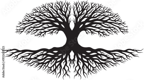 Symmetrical Tree of Life Silhouette with Ornate Branches and Roots