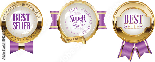Three best seller badges with purple ribbons and gold borders
