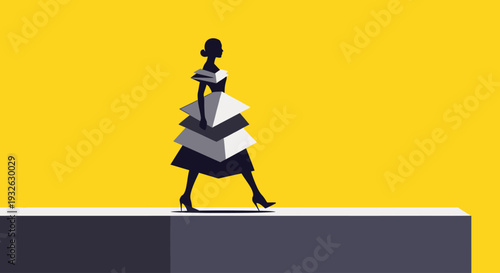 A woman in a black dress carries multiple white boxes