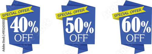 Three blue and yellow discount offer stickers