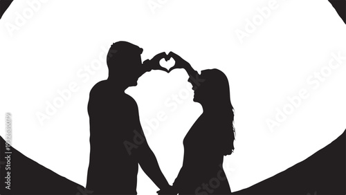 Romantic Silhouette of Couple Making Heart Shape with Hands against White Background