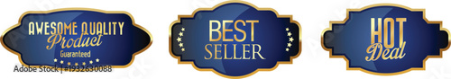 Three blue and gold product badges for best seller and hot deals
