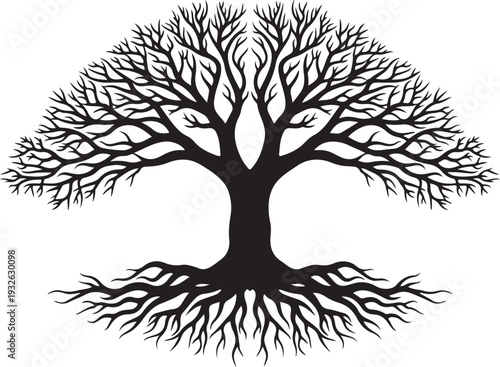 Symmetrical Black and White Tree of Life Silhouette with Exposed Roots