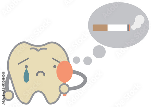 タバコのヤニ汚れによって鏡を見て黄ばみに泣く歯のキャラクターの歯科イメージイラスト
