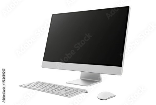A computer monitor with a keyboard and mouse on a white background