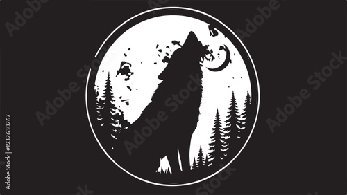Howling Wolf Silhouette Circle Design with Forest and Moon