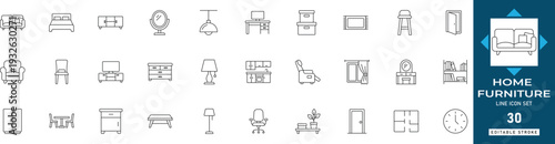 Home furniture line icon set featuring sofa, table, bed, chair, interior, décor, and cabinet. Professional editable vector illustration.