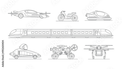 Futuristic Transport Designs: A collection of innovative transport concepts, showcasing sleek lines and inventive forms, hints at the future of mobility.