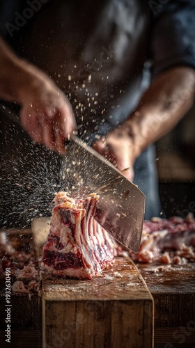 Wallpaper Mural Strong male butcher in dark apron powerfully chops raw lamb rack on heavy wooden block, fat and bone fragments flying in air against blurred workshop background, concept of primal craft cooking Torontodigital.ca