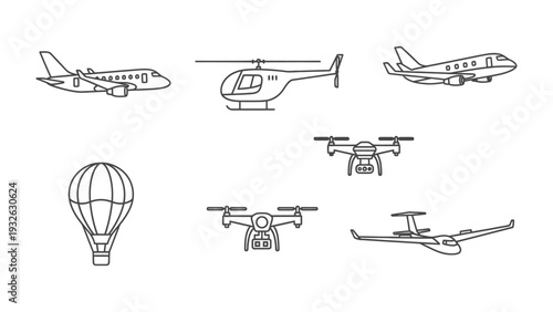 Skybound Symphony: A collection of various aerial vehicles including a jet, helicopter, drone, hot air balloon, and glider, embodying the spirit of flight and exploration. 