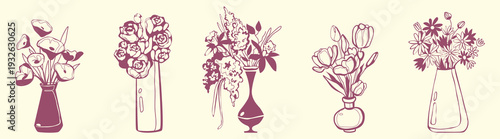 Hand drawn flower bouquet in vases, floral sketches isolated on background. Cartoon doodle set of vases with spring plants. Minimalist illustrations, vintage design elements