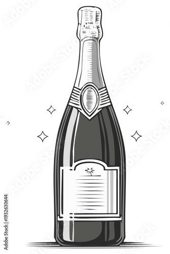 Champagne bottle monochrome illustration elegant design sparkling beverage alcohol celebration vector engraved drawing style
