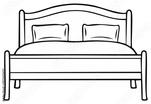 Outline illustration of a double bed with pillows and bedding.