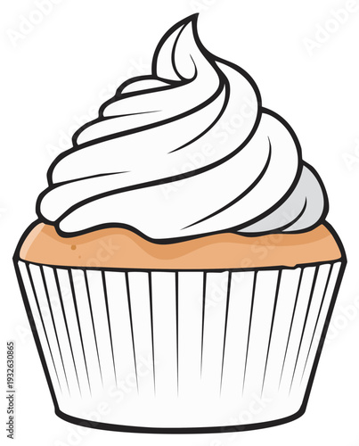 Stylized cupcake with generous swirl of white frosting against a white background