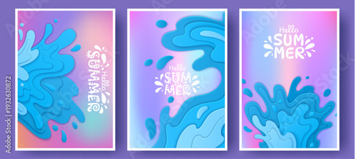 Summer poster design with abstract water splash. Tropical sea beach poster set with blue papercut waves. Vector backgrounds with vacation vibes. Holiday banners or travel cards, seasonal templates